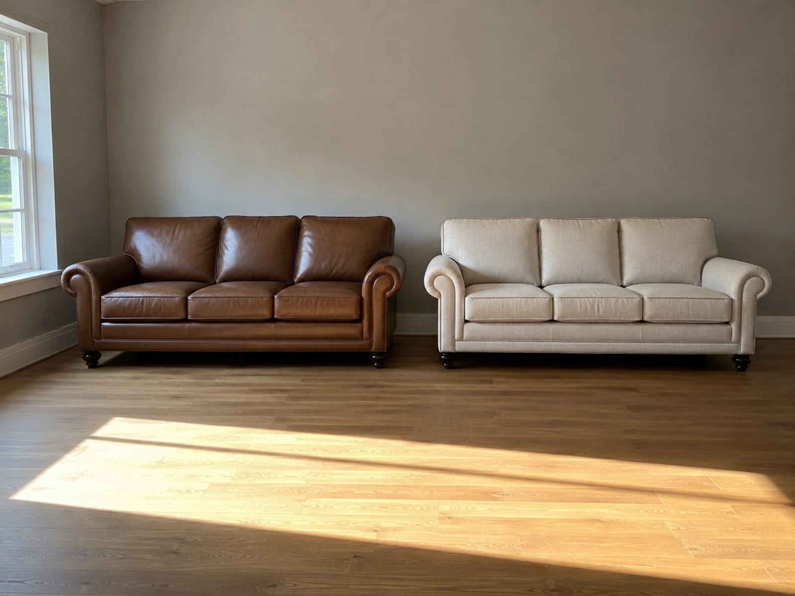 A leather sofa and a fabric sofa of the same model against one wall, a hard-edged panel of daylight lying across the floorboards in front of both