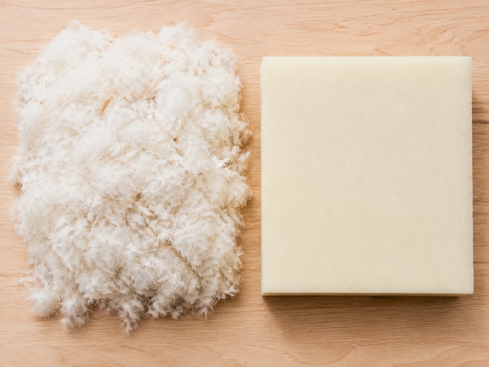 A loose heap of pale feather and down cushion fill beside a plain cut block of upholstery foam on a pale wooden surface, seen from directly above