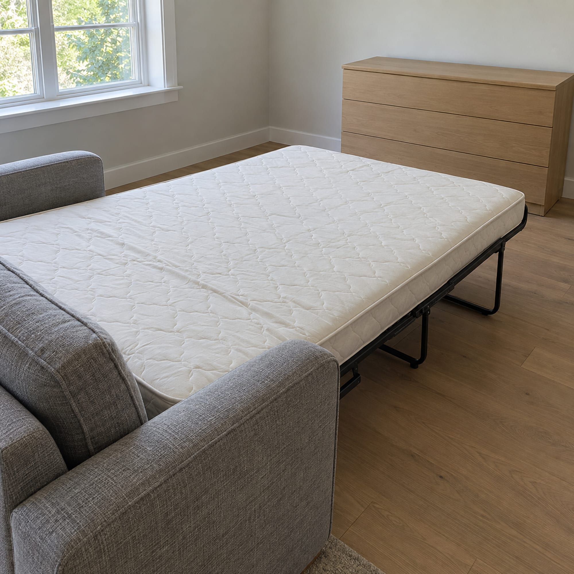 A full-size sofa bed fully opened in a small daylit spare room, photographed from a raised position in the corner behind one arm, looking diagonally across the length of the open bed toward its foot and a plain low dresser against the far wall