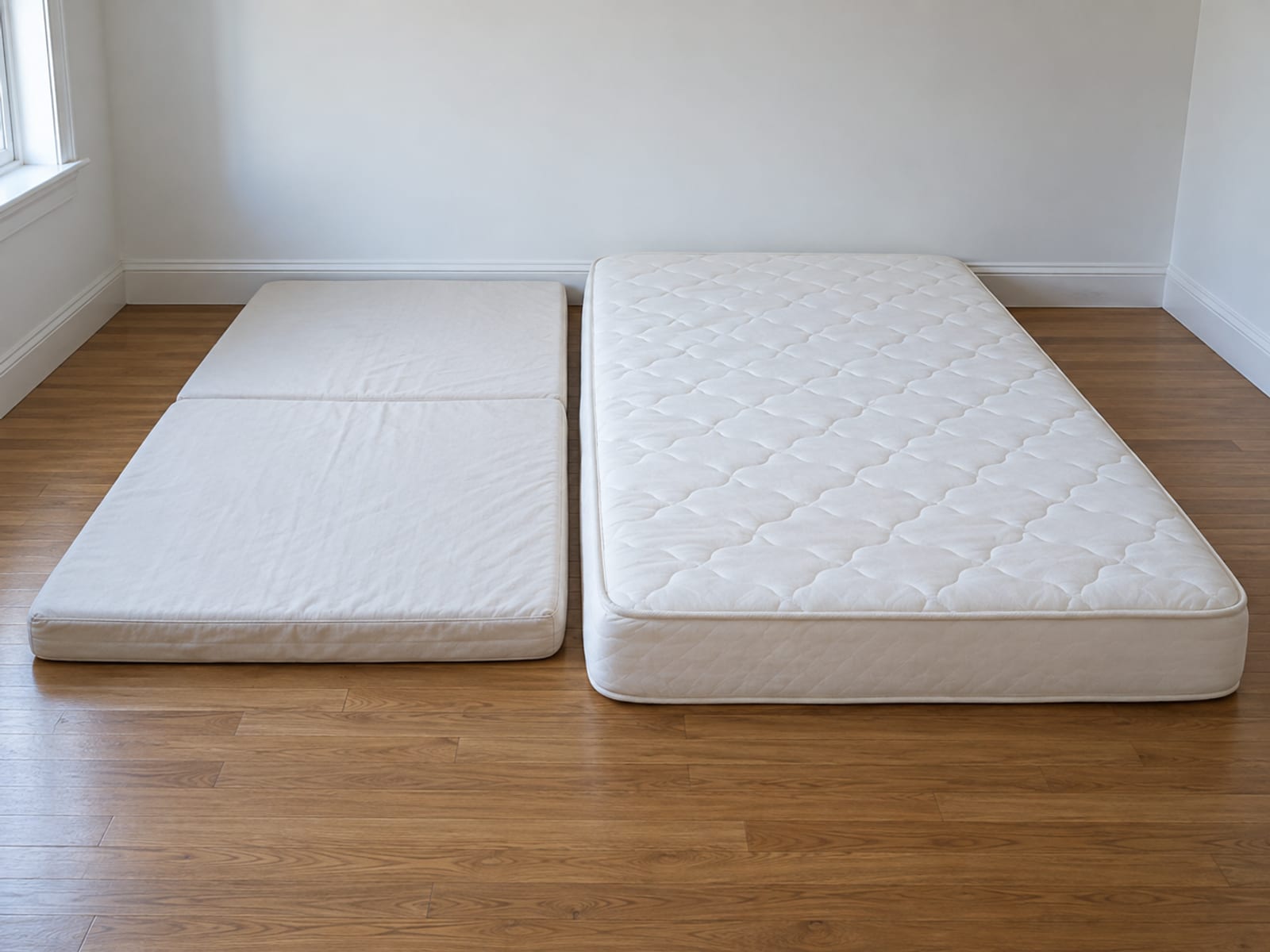 A thin folding sleeper mattress and a standard full-size bed mattress lying flat side by side on bare oak floorboards with their head ends pushed square against the same plain baseboard, photographed from a raised angle at the foot end