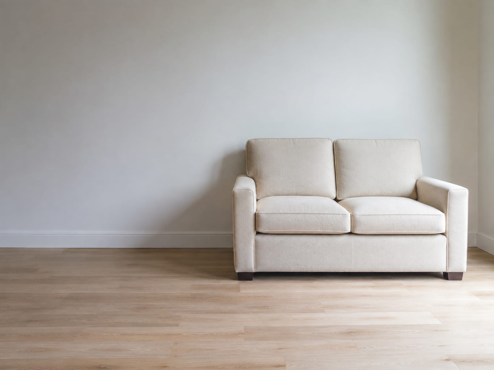 A two-seat loveseat against one wall of a small bare room with a clear stretch of empty wall and floor beside it where a wider piece would have reached