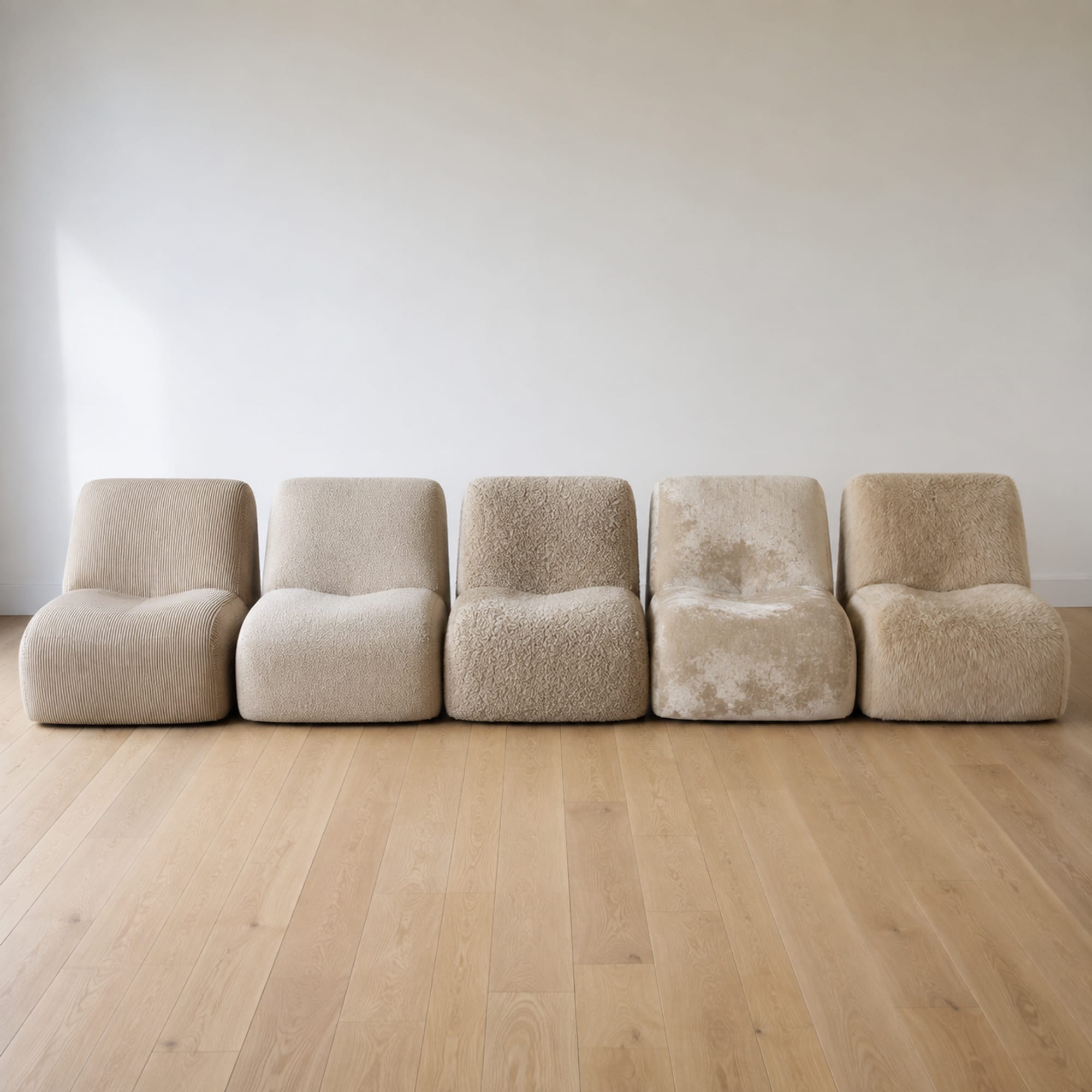 Five boneless seat units of identical size and shape standing in a row on bare floorboards, each in a different fabric: corduroy, chenille, teddy velvet, crushed velvet and faux fur