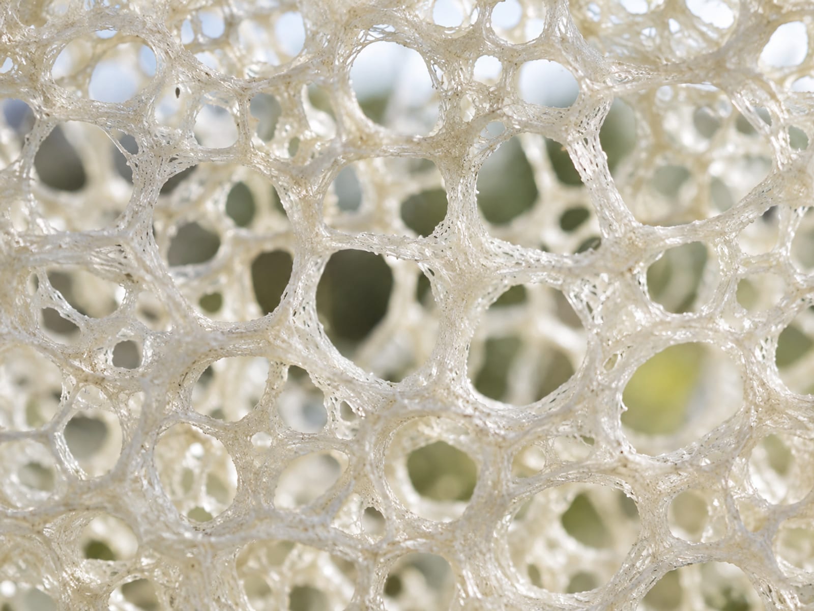 An extremely close view of the cut face of an open-cell outdoor foam whose structure is a coarse, airy lattice of fine strands with soft daylight passing through it, the net-like cells plainly larger and more open than ordinary upholstery foam