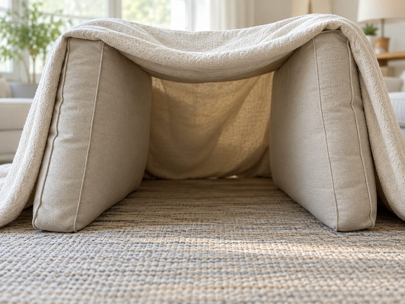 A small tidy fort built on a flat-woven rug in a daylit living room from loose sofa cushions, two seat cushions stood upright a little apart as walls and a plain pale blanket draped across their tops as a roof, with its open end facing the camera, photographed from a low angle at rug height