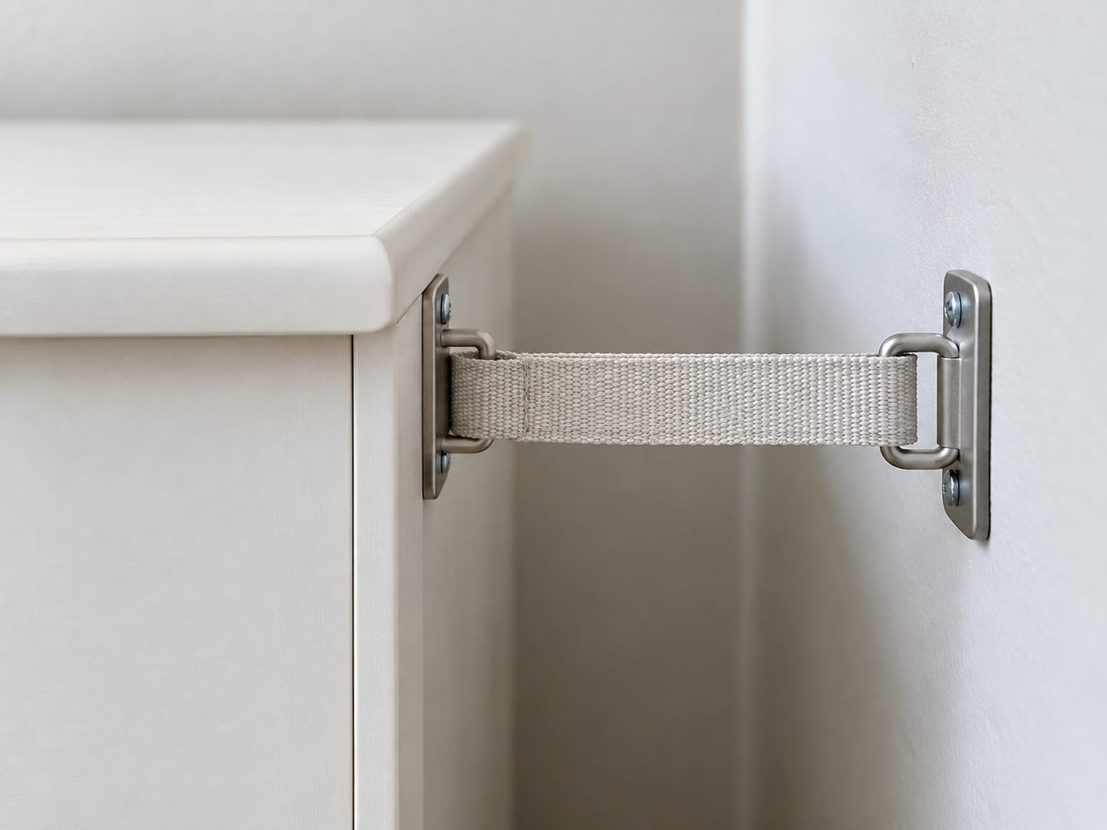 A close side view at the top back corner of a plain painted wooden dresser standing against a plain wall, where a short plain woven anti-tip strap runs from a small metal bracket fixed to the dresser's back edge to a matching bracket fixed to the wall, pulled snug with no slack, framed so the strap and both brackets fill the picture