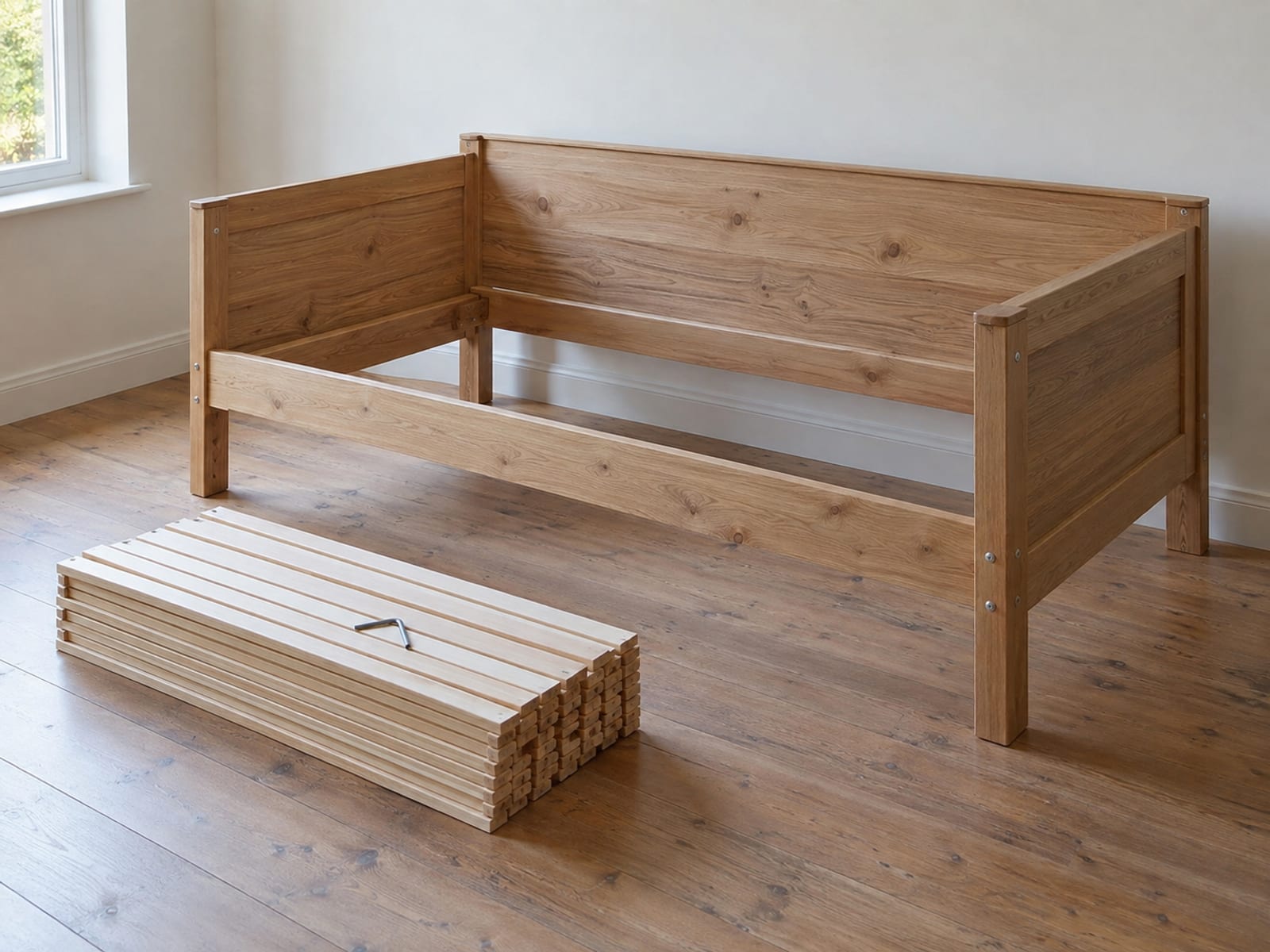 A wooden daybed part way through flat-pack assembly in an empty daylit room, its two end panels and its back panel standing bolted together into an open frame, with the loose slats stacked squarely in a neat pile on the floor beside it and one plain L-shaped hex key set down at rest on top of the stack
