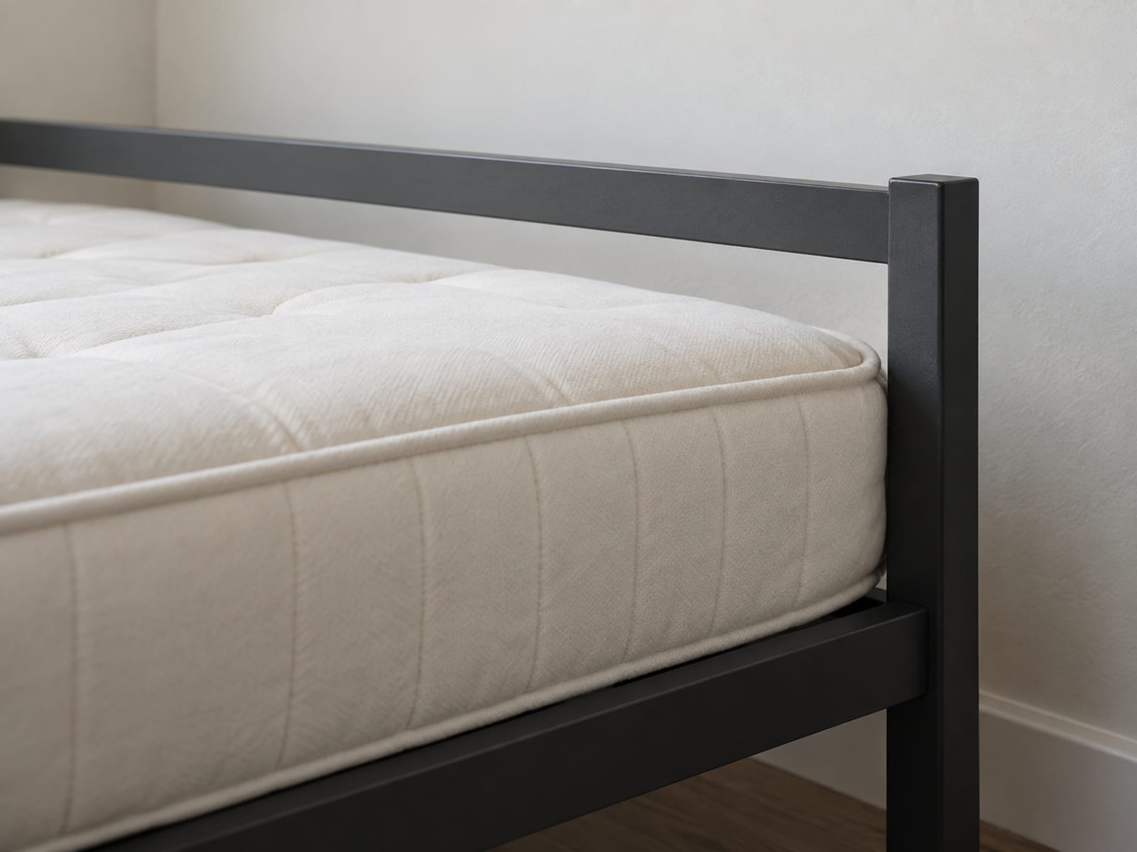 A close side view at mattress height of one end of a plain metal daybed, framed so the top of the end arm rises only a short way above the surface of the thick mattress lying against it, the narrow band of rail left showing above the mattress being the plain subject
