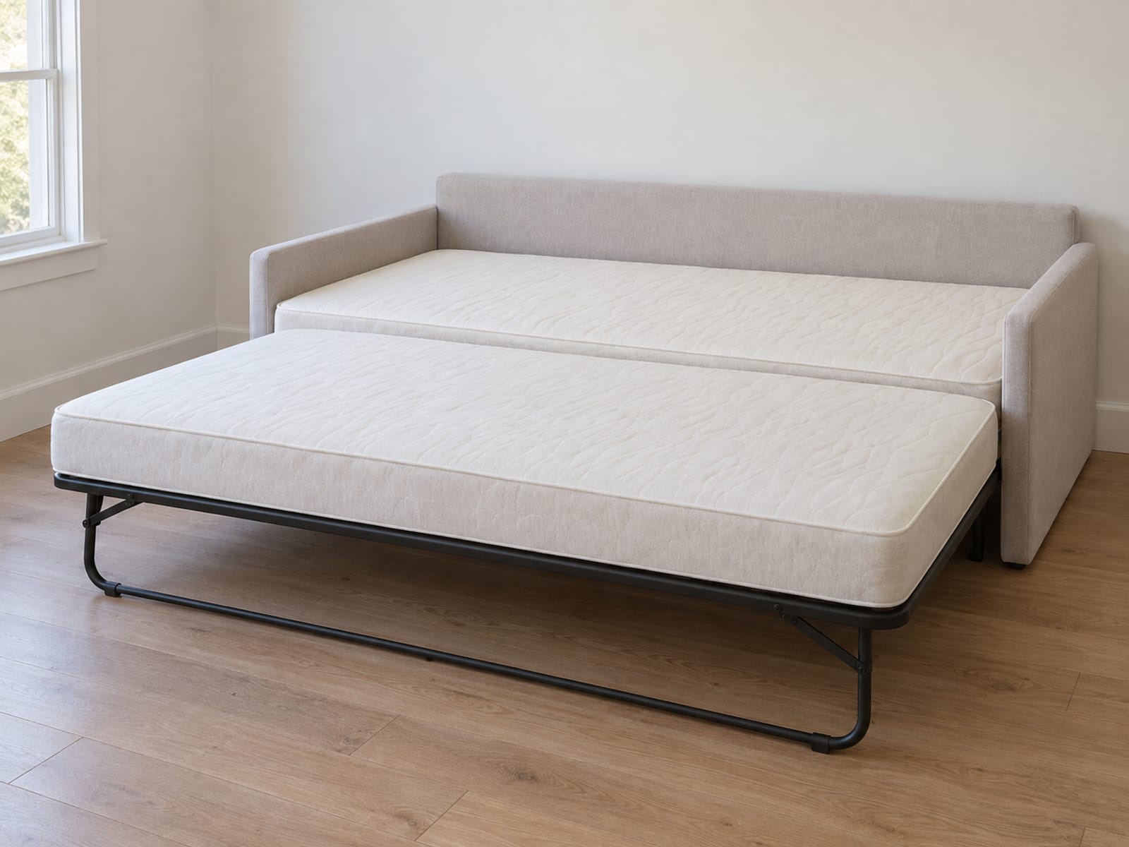 A daybed with its pop-up trundle drawn out and raised on its folding legs until its mattress sits level with the daybed's own mattress, the two lying edge to edge as one wide sleeping surface, photographed from standing height at a front three-quarter angle