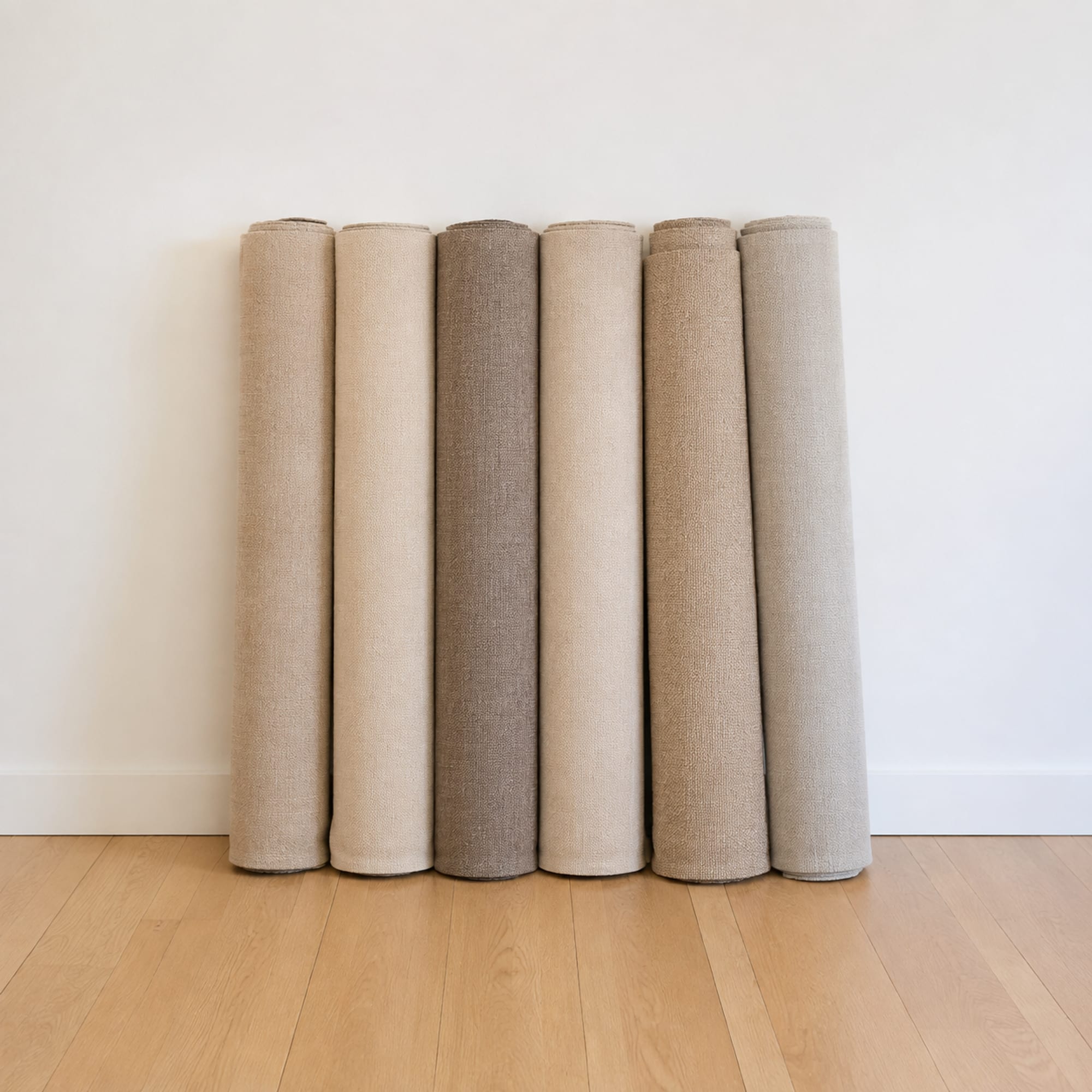 Five rolled bolts of plain upholstery cloth standing upright on bare oak floorboards against a plain wall, each a different weave in the same warm neutral range