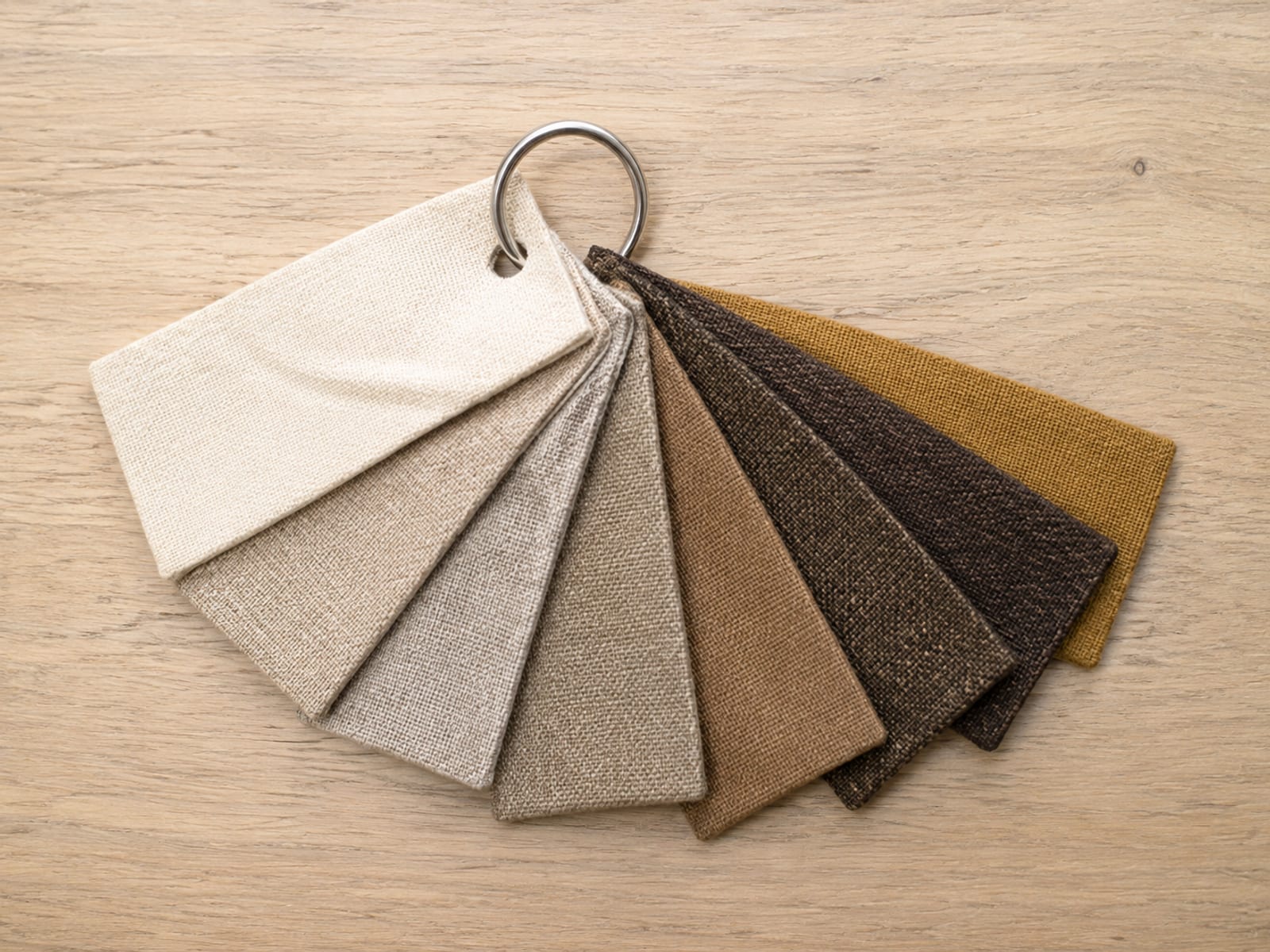 A fan of small fabric sample tabs held together on a metal ring, laid open in an arc on a pale wooden surface and seen from directly above, each tab a different plain weave