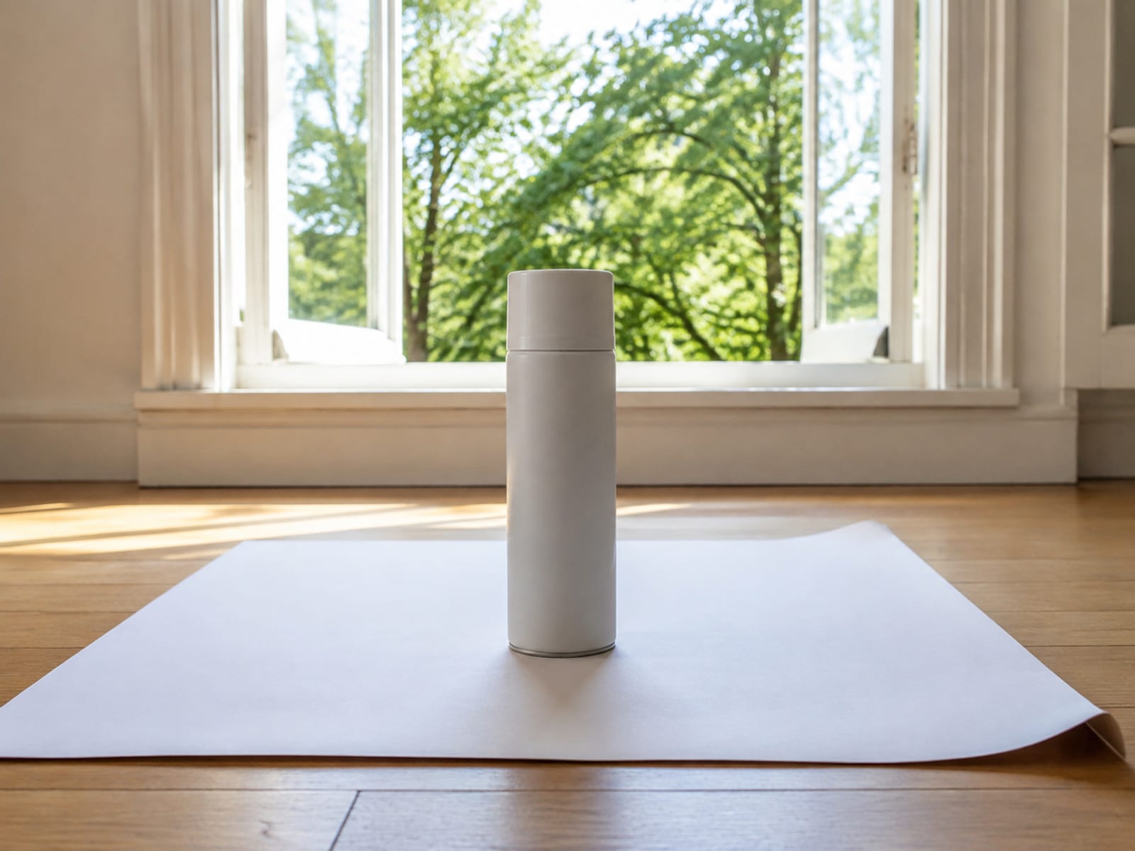 A plain unlabeled aerosol can standing capped in the middle of a large sheet of blank paper on floorboards, an open window behind it