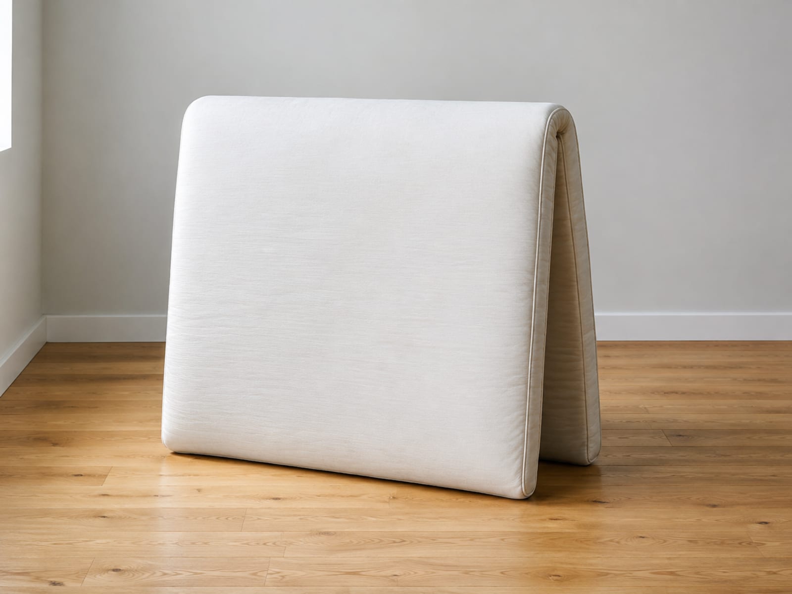 A plain undressed futon mattress folded once over on itself standing on bare oak floorboards, both faces of the pad visible with the fold at the top