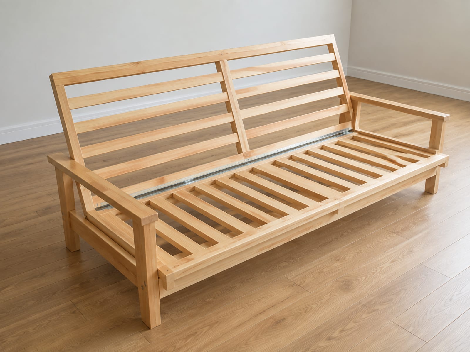 A bare timber futon frame standing in its seating position in an empty room with no mattress on it, seen from a raised angle so the slatted deck, the hinge and the back rails are visible