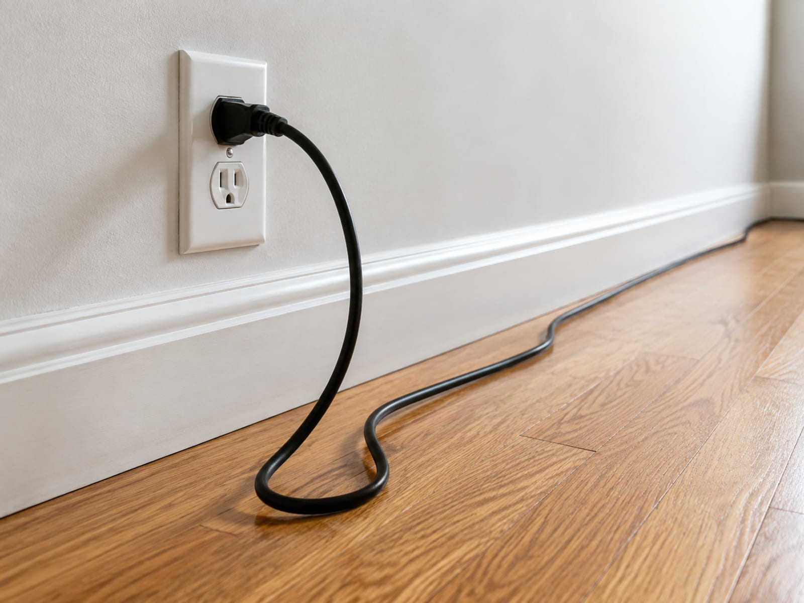 A plain power cord plugged into an ordinary wall outlet above the baseboard, running slack along the wall and out of frame