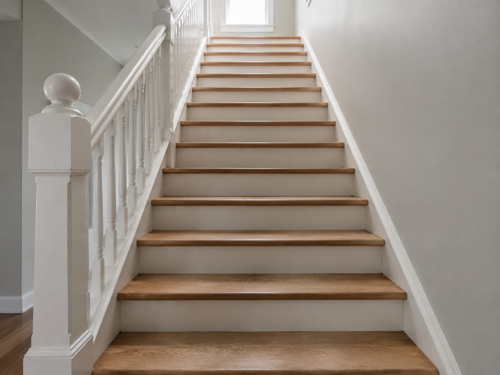 A plain domestic staircase seen from the bottom step looking up to a daylit landing, with nothing standing on any tread