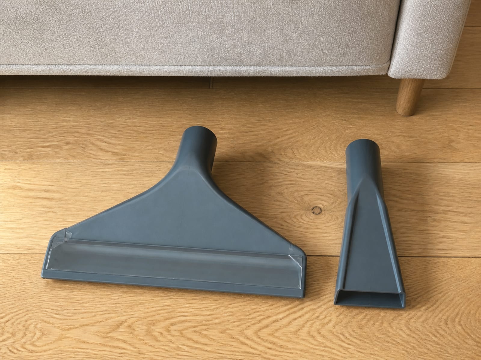 Two plain cleaning heads of clearly different widths lying face up side by side on bare floorboards beside a sofa