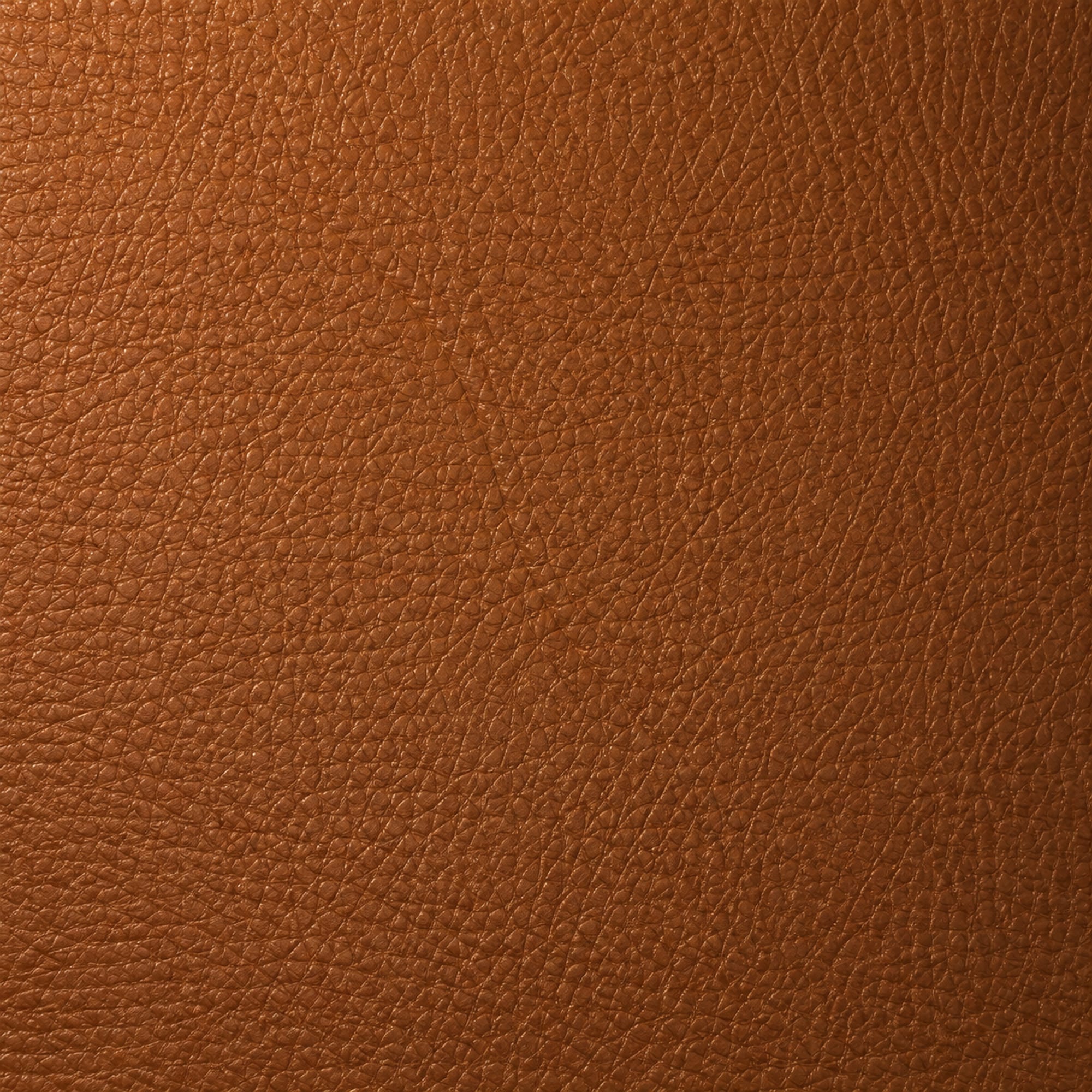 An extremely close view of new mid-brown full-grain leather under a low raking light, the open pores, the irregular grain and one soft healed growth mark all visible