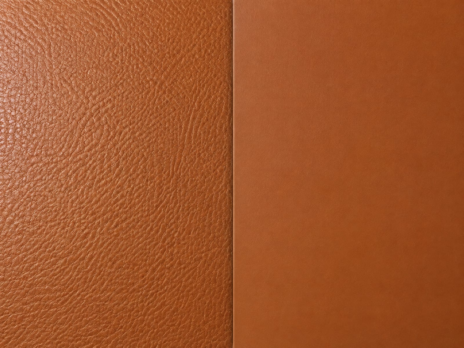 Two flat panels of mid-brown leather meeting in a straight line, the left showing natural grain and open pores and the right sanded smooth to an even uniform finish