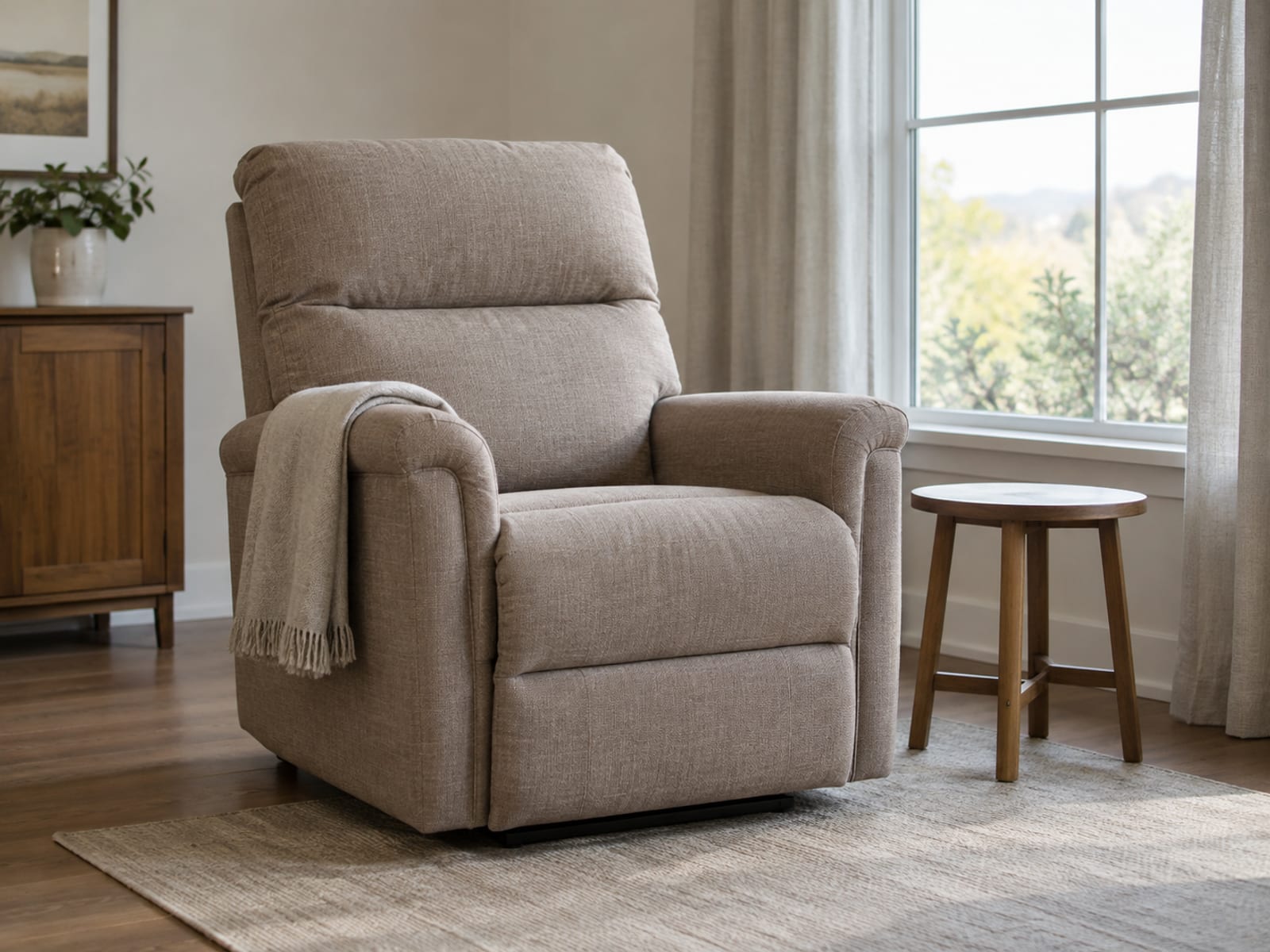 An upholstered lift chair in its ordinary upright position standing beside a tall window in a modestly furnished living room, with a small side table at its arm that is bare and a flat-woven rug under its front feet, soft daylight falling across the seat from the window, photographed from standing height at a three-quarter angle from the room side