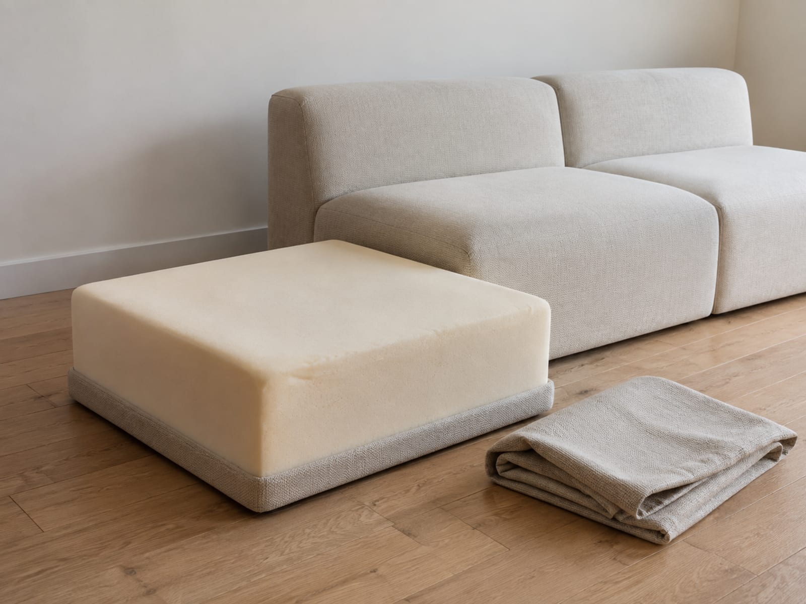 A single modular seat module with its cover removed to bare foam, the folded cover on the floor beside it and the rest of the sofa still covered