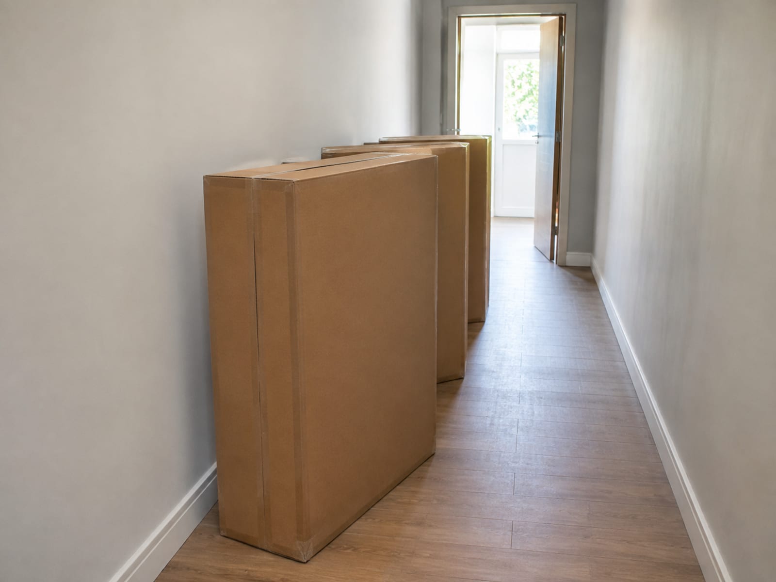 Three large flat cartons lined up one behind another in a narrow hallway, with the doorway they must pass at the far end