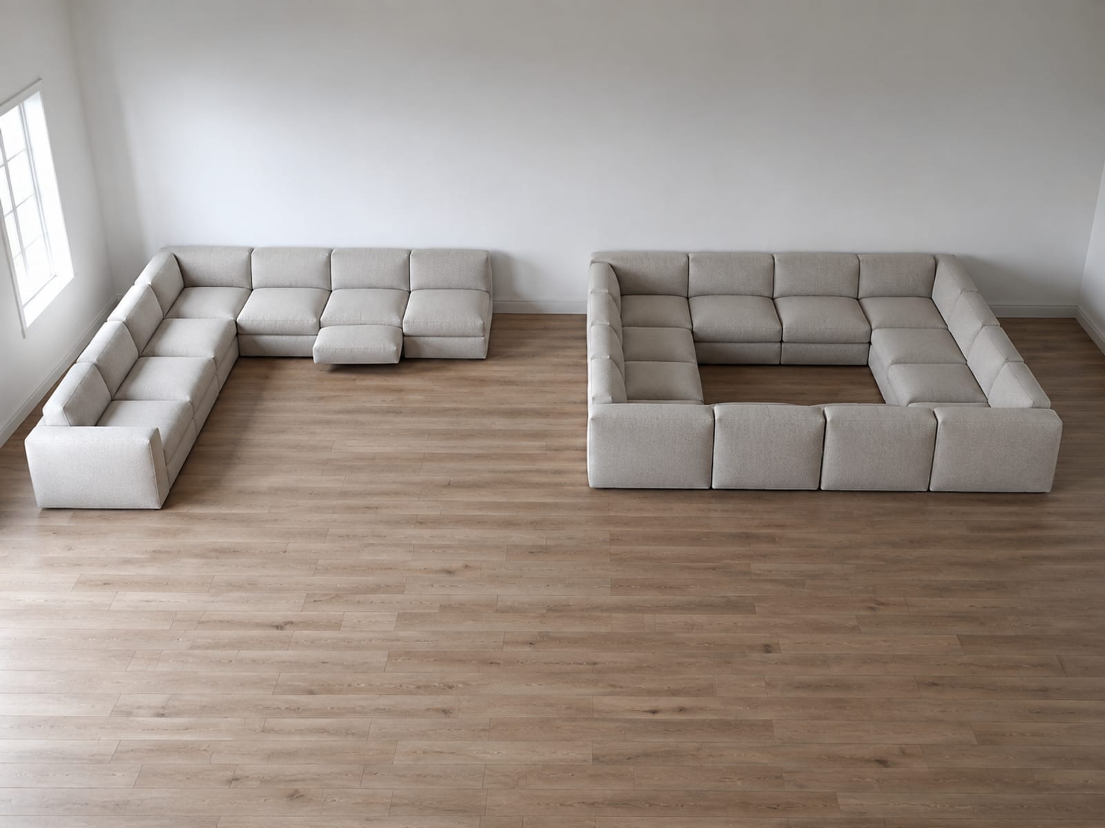 One room showing identical modular seats arranged as an L on the left and as a U on the right