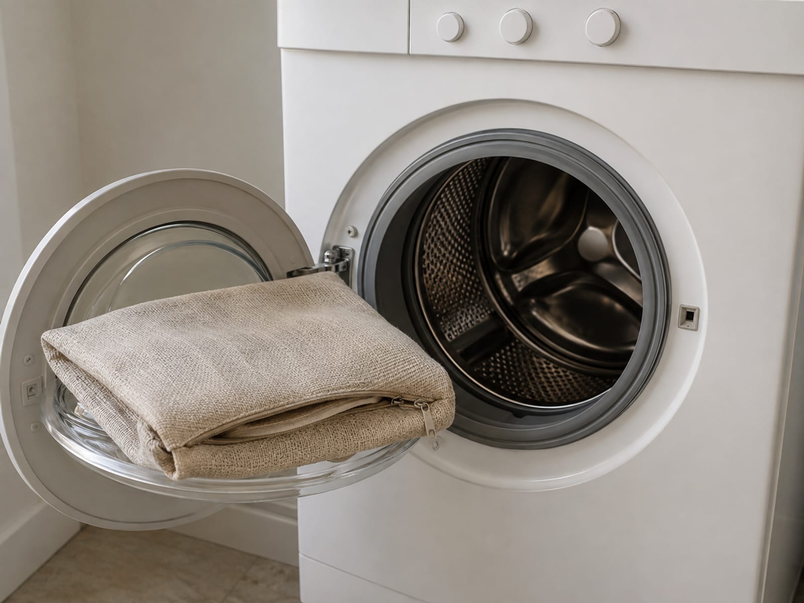An unzipped upholstery cover folded loosely on the open door of a domestic washing machine, the empty drum visible behind