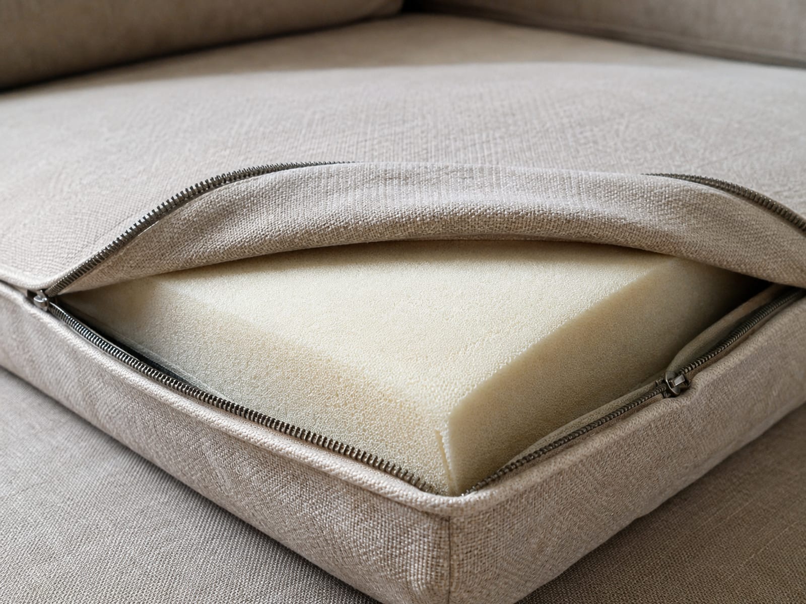 The corner of a seat cushion with its cover unzipped along two edges and folded back to show the bare foam beneath