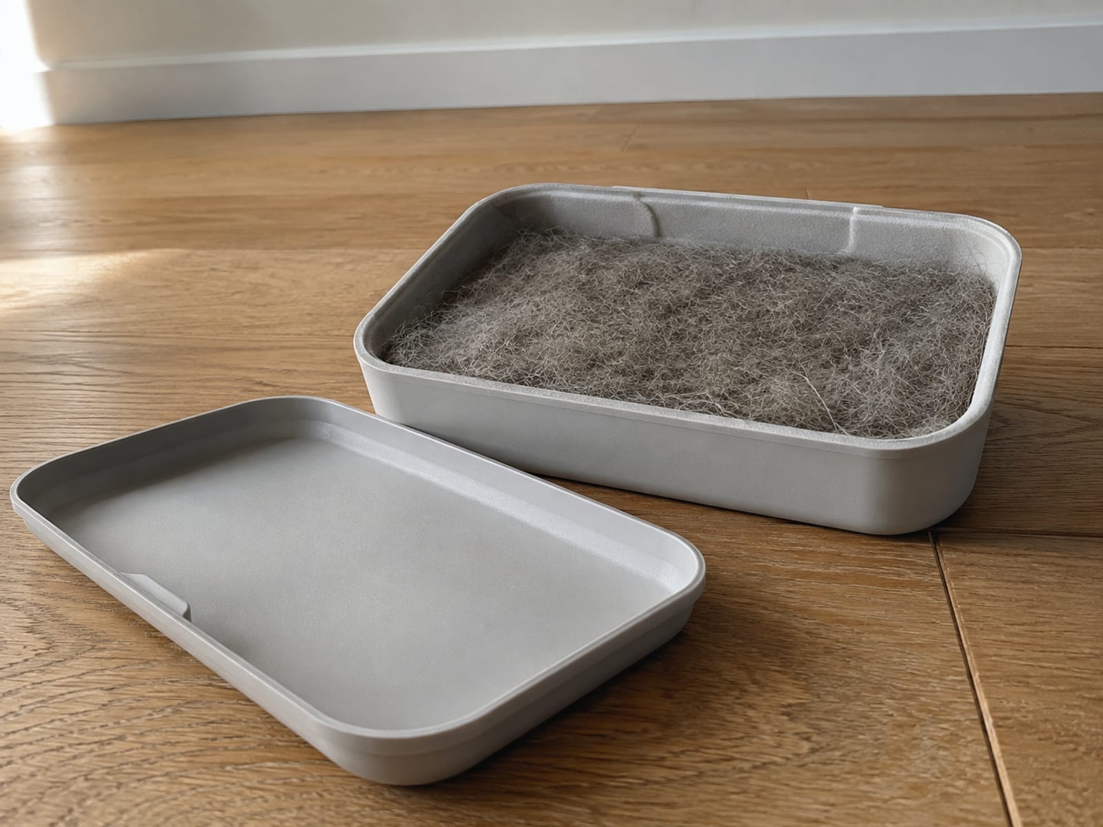 A small plain open compartment lined with pale fabric, packed flat with a dense gray mat of short pet hair, its lid laid open beside it on floorboards