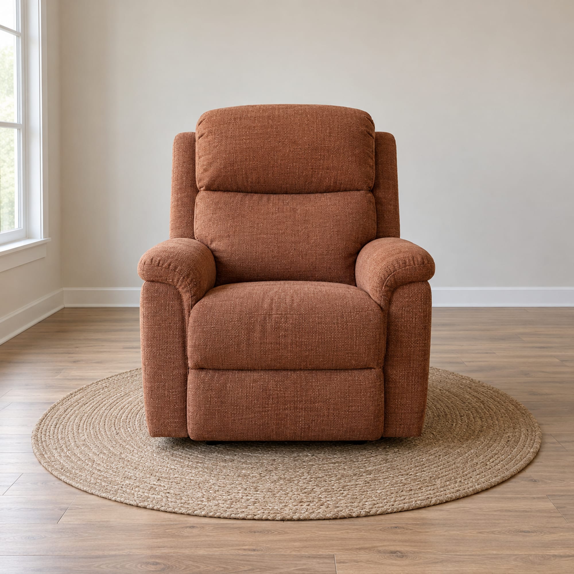 A generously padded upholstered recliner armchair in a warm clay woven fabric, closed and fully upright with its footrest stowed flush beneath the seat front, standing on a small round flat-woven rug against a plain painted wall in a modest daylit living room, photographed square on from the front at standing height