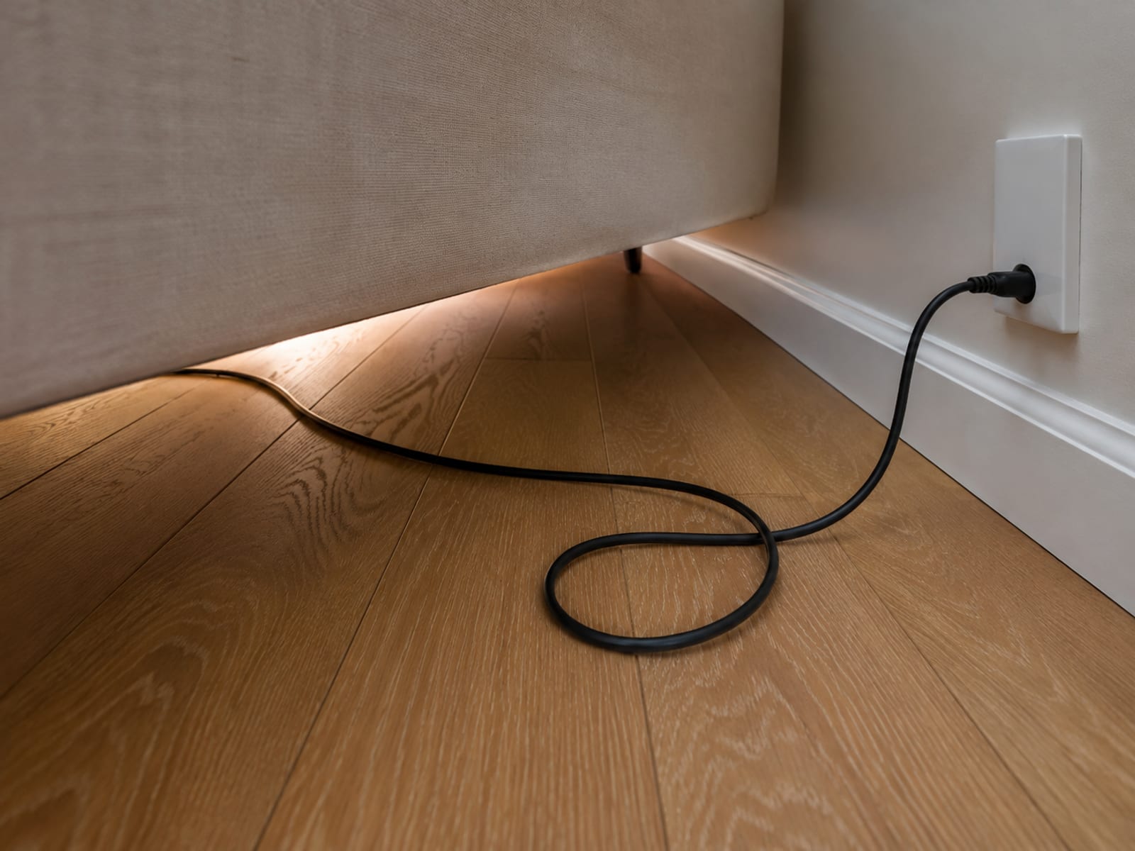 A plain black power cable running from beneath a reclining sofa across bare floorboards to a plain wall outlet, a little slack lying loose between them