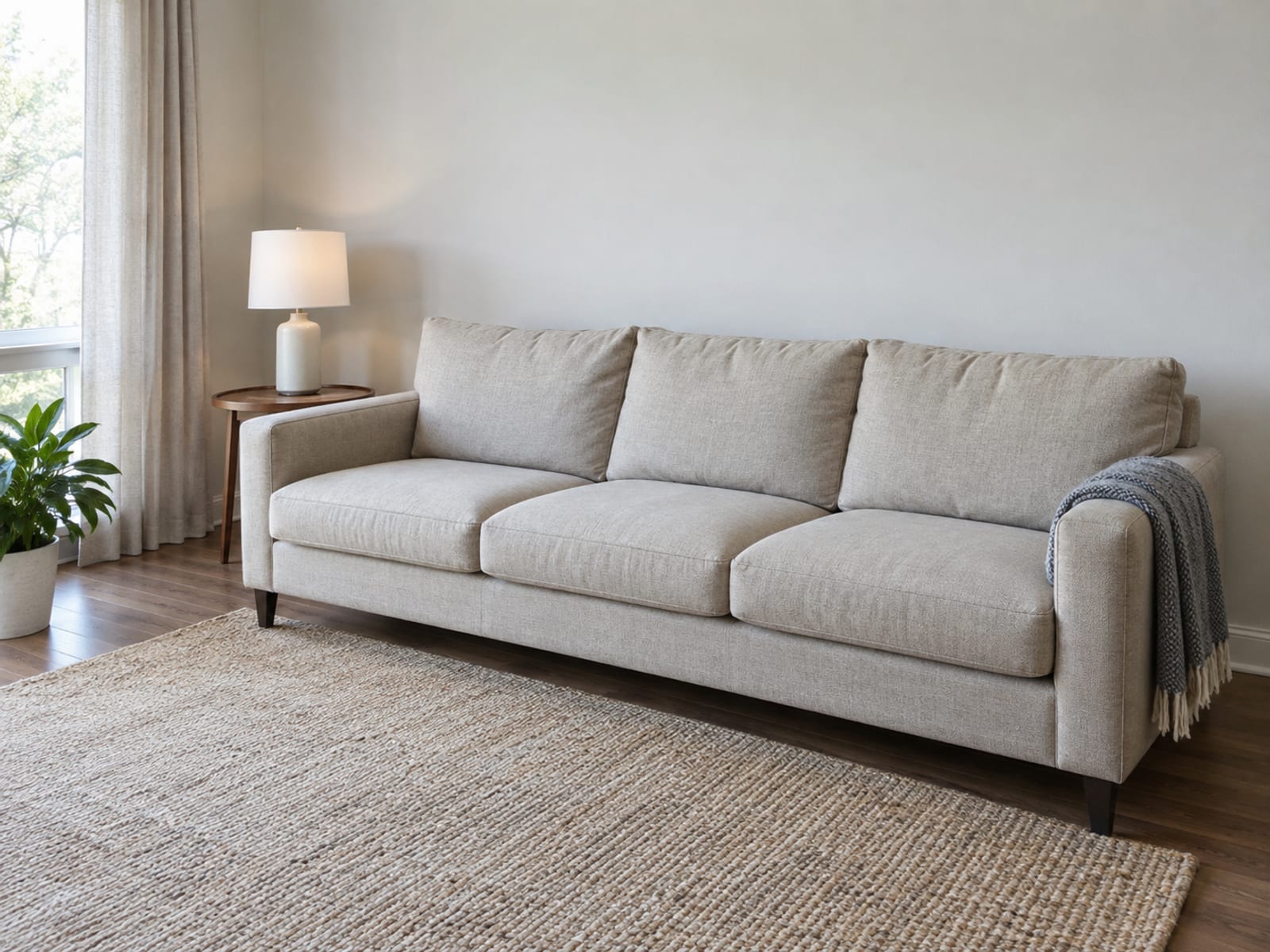 An ordinary three-seat sofa in a modestly furnished apartment living room with a small round side table, a plain table lamp, a flat-woven rug and a folded throw laid along one arm, photographed from standing height at a three-quarter angle