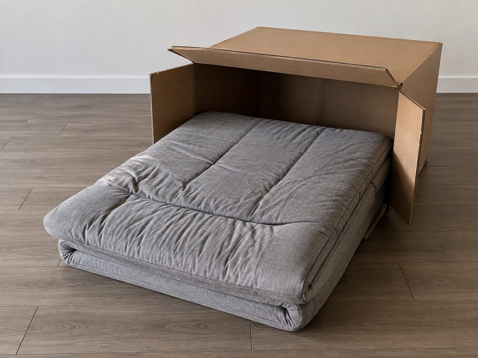 A vacuum-compressed sofa half out of an opened carton on a bare floor, the foam still flattened and creased from the wrapping