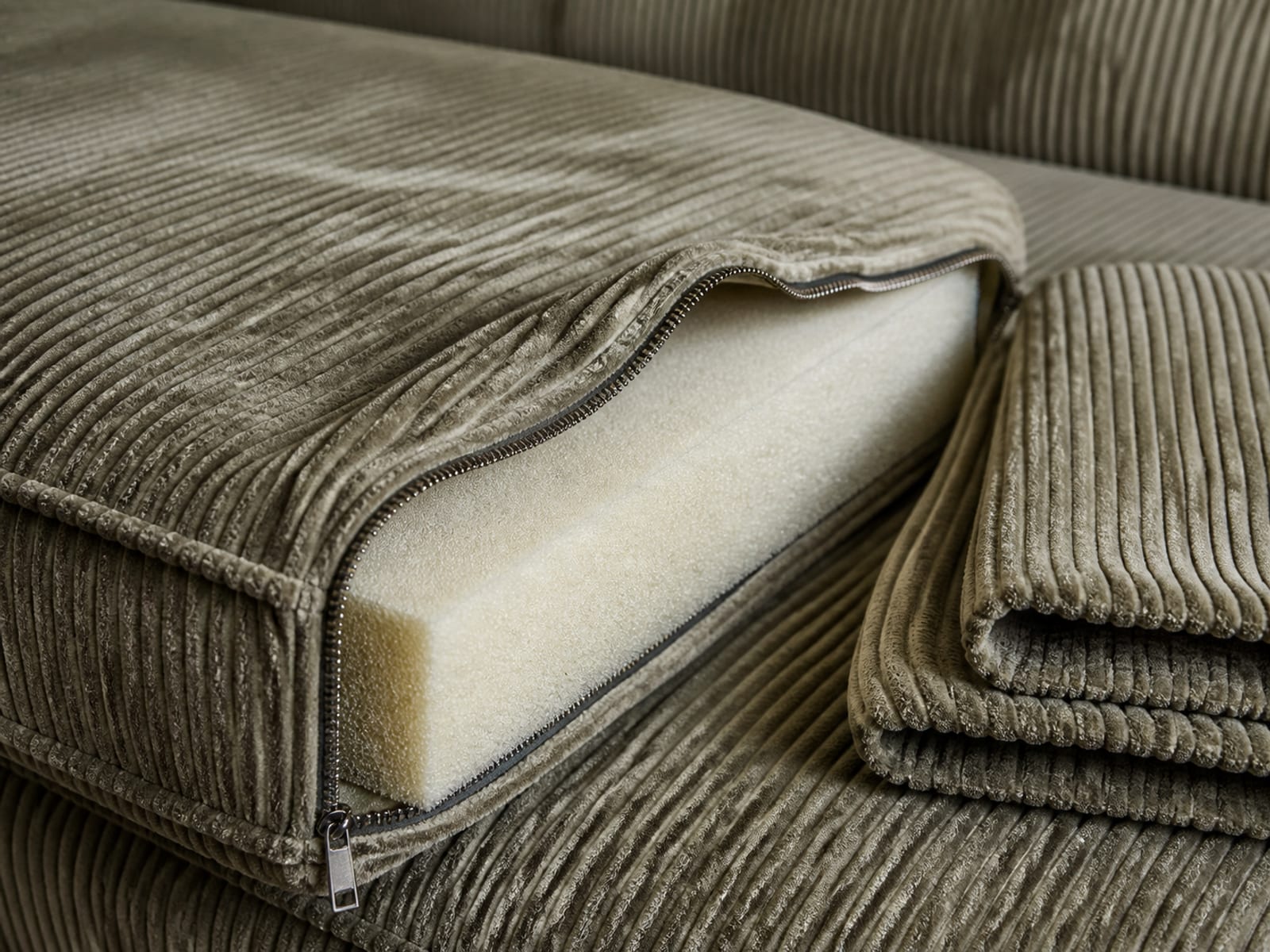 A corduroy seat cushion cover unzipped and peeled halfway back to reveal the bare foam block, the removed cover folded beside it