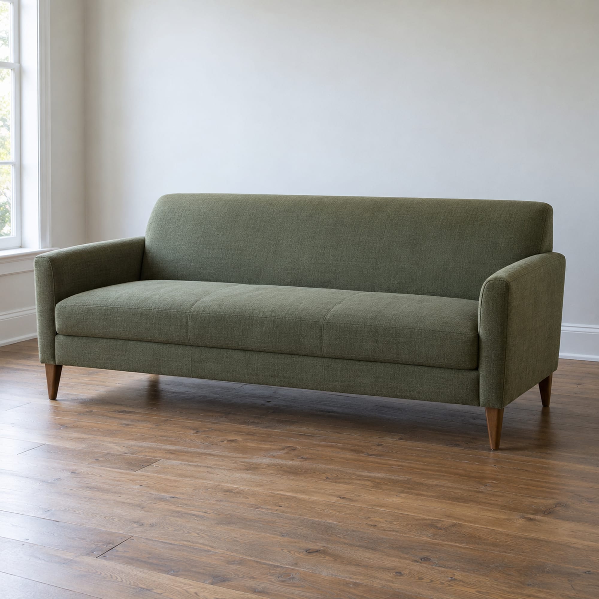 One upright tight-back three-seat sofa with a firm, flat-fronted seat and a fixed upholstered back with no loose back cushions, standing on medium tapered wooden legs against a plain wall in a modest daylit living room, photographed from a front three-quarter angle at standing height