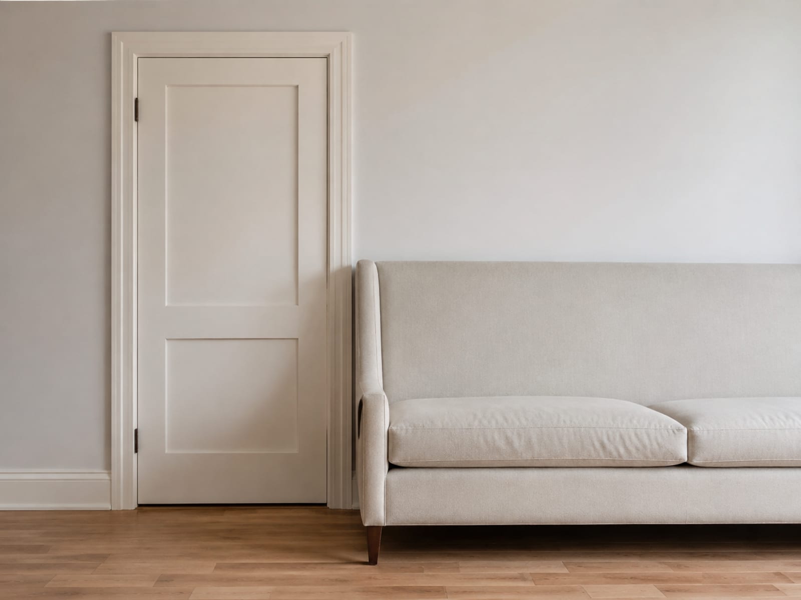 A tall-backed sofa standing end-on beside a closed plain interior door in the same wall, with the whole door from floor to head casing in the frame
