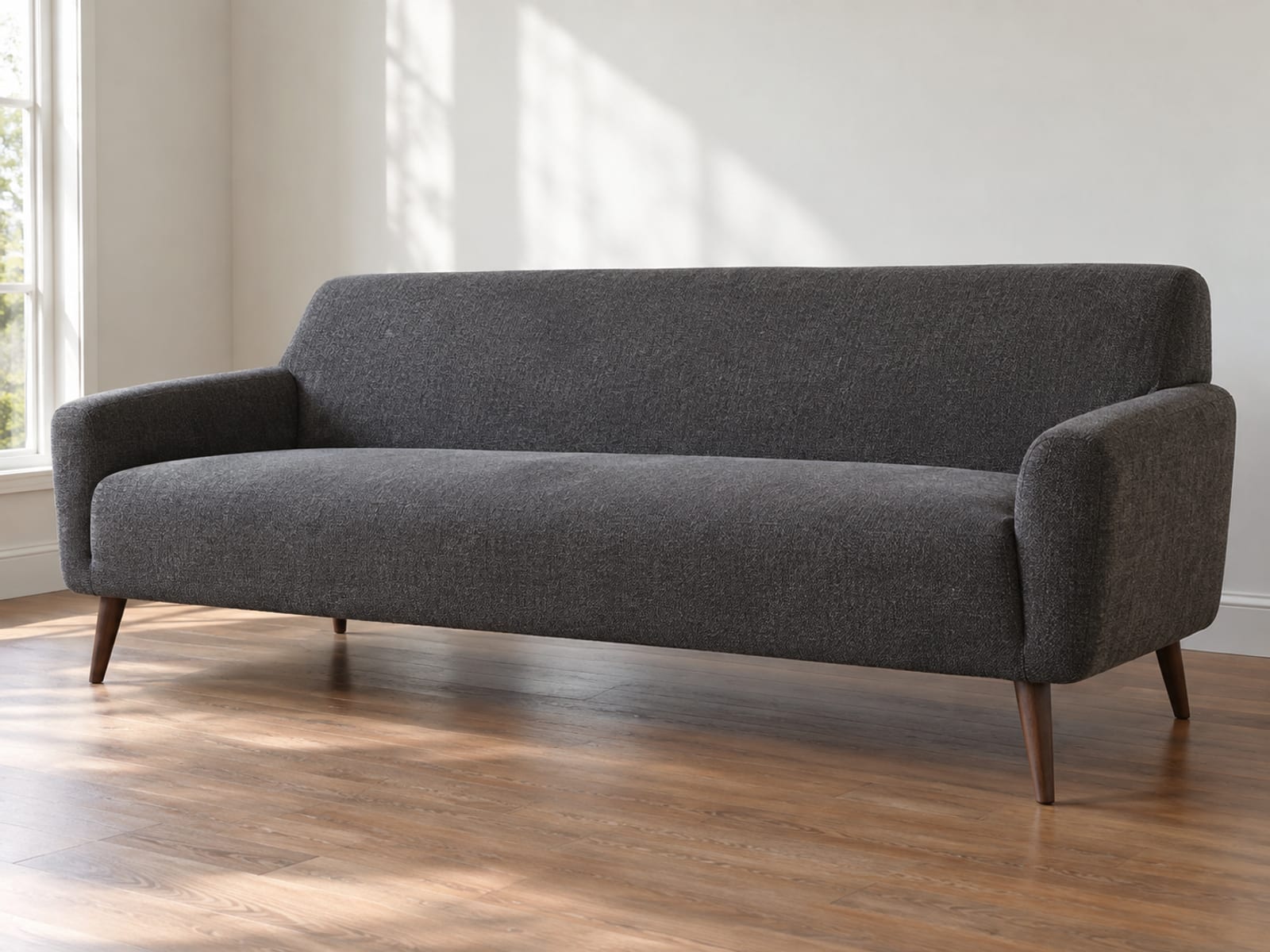 A mid-century style sofa with one long firm bench seat cushion and a tight back, fitted with a smooth one-piece stretch cover in a soft charcoal textured knit that follows every line of the frame closely, standing on slim wooden legs in a daylit room and photographed from a front three-quarter angle at seat height