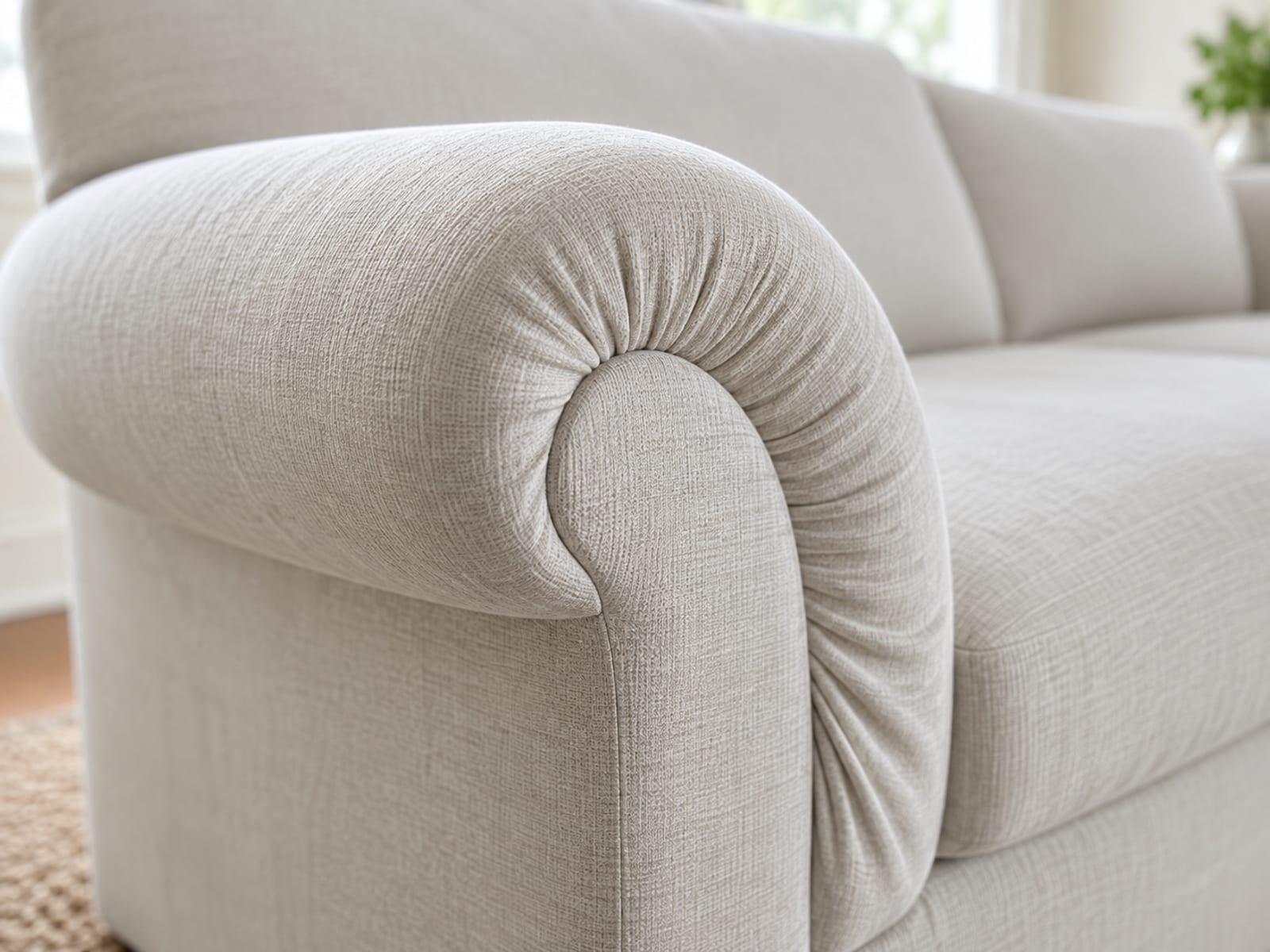 A close view at arm height from a front three-quarter angle of a stretch slipcover fitted over a sofa's wide rolled arm, the pale oatmeal fabric following the scroll of the arm front smoothly and gathering neatly beneath its curve, framed so the arm's shape and the cover's fit to it fill the picture