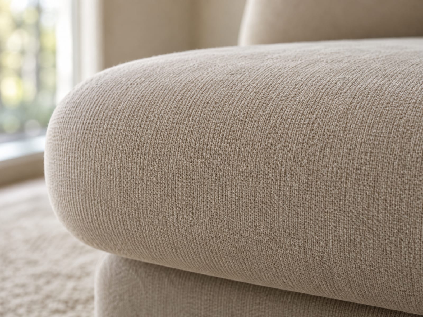 An extremely close view of a soft plush stretch knit cover where it wraps smoothly over the rounded front edge of a seat cushion, lit by soft raking daylight from one side so the fine, even texture of the knit and its gentle stretch over the curve read plainly