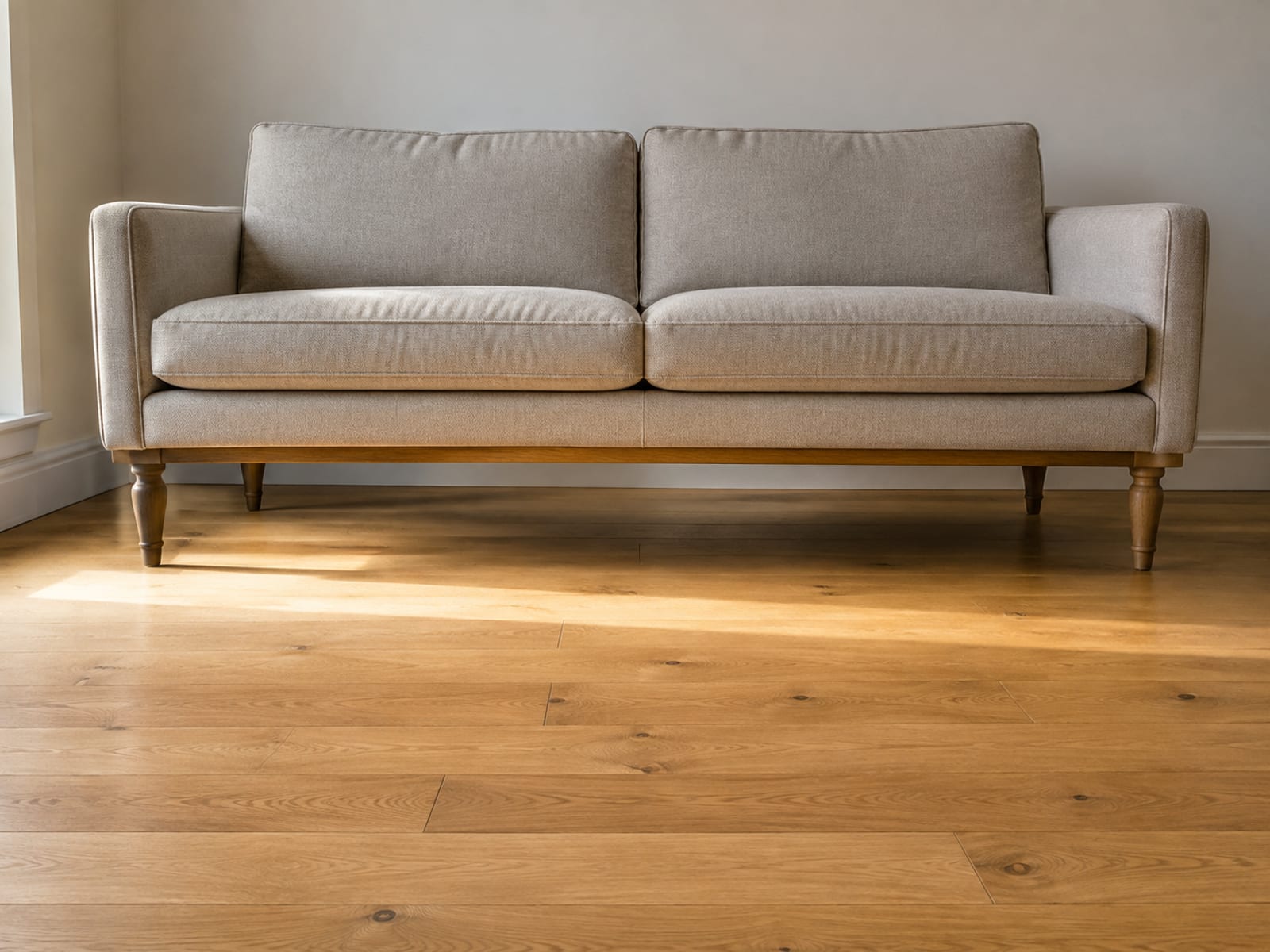 A compact sofa raised on slim visible legs, the strip of floor beneath the frame running unbroken to the wall behind