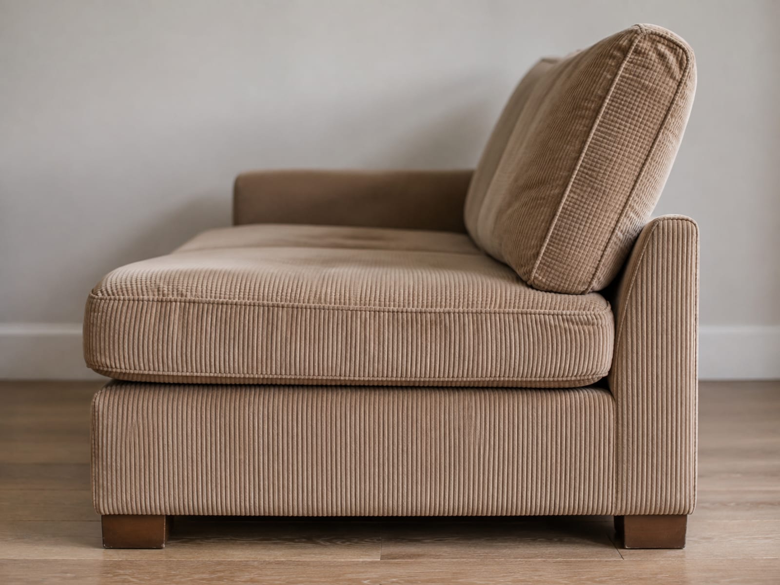 Side-on view of a sofa at seat height, the seat depth, seat height and back angle all readable in profile