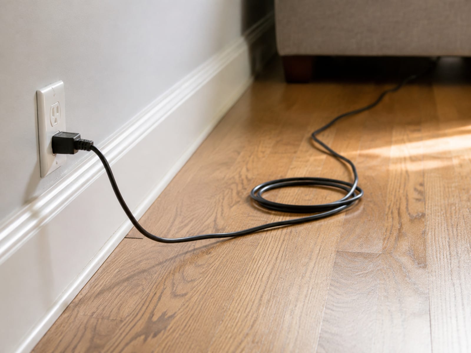 A plain power cord running from a baseboard outlet across bare floorboards toward the foot of a sofa