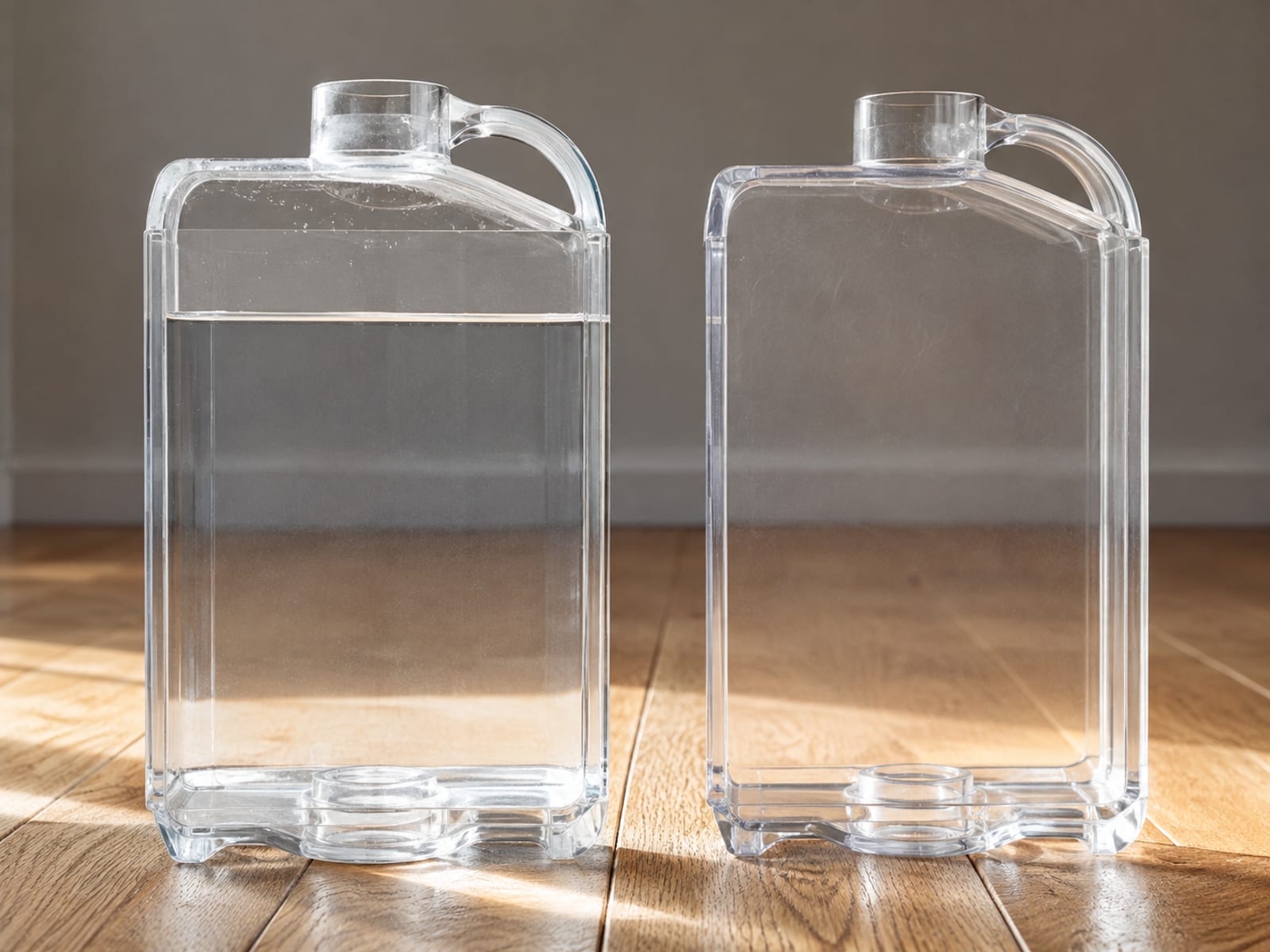 Two plain translucent tanks standing side by side on floorboards, one holding clear water and one empty