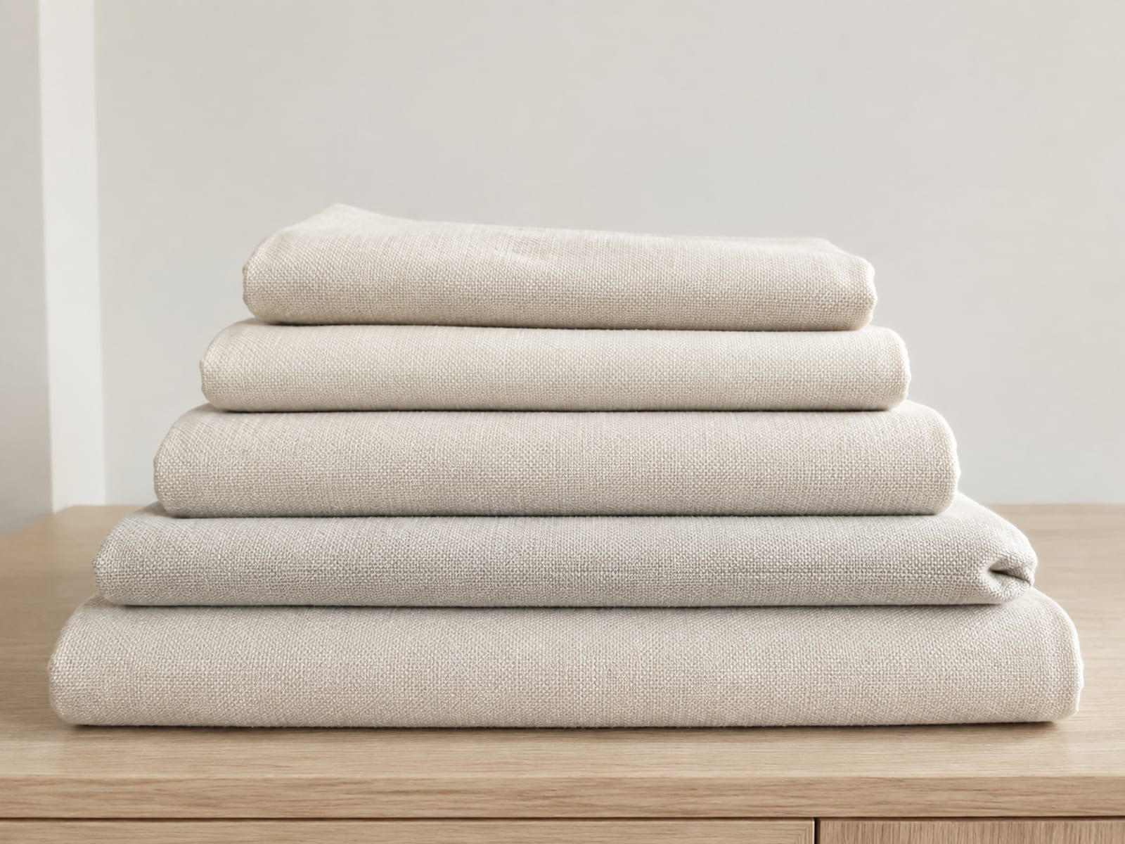 Five folded fabric covers of clearly different sizes stacked in one column on a table, the smallest square on top and the largest at the bottom