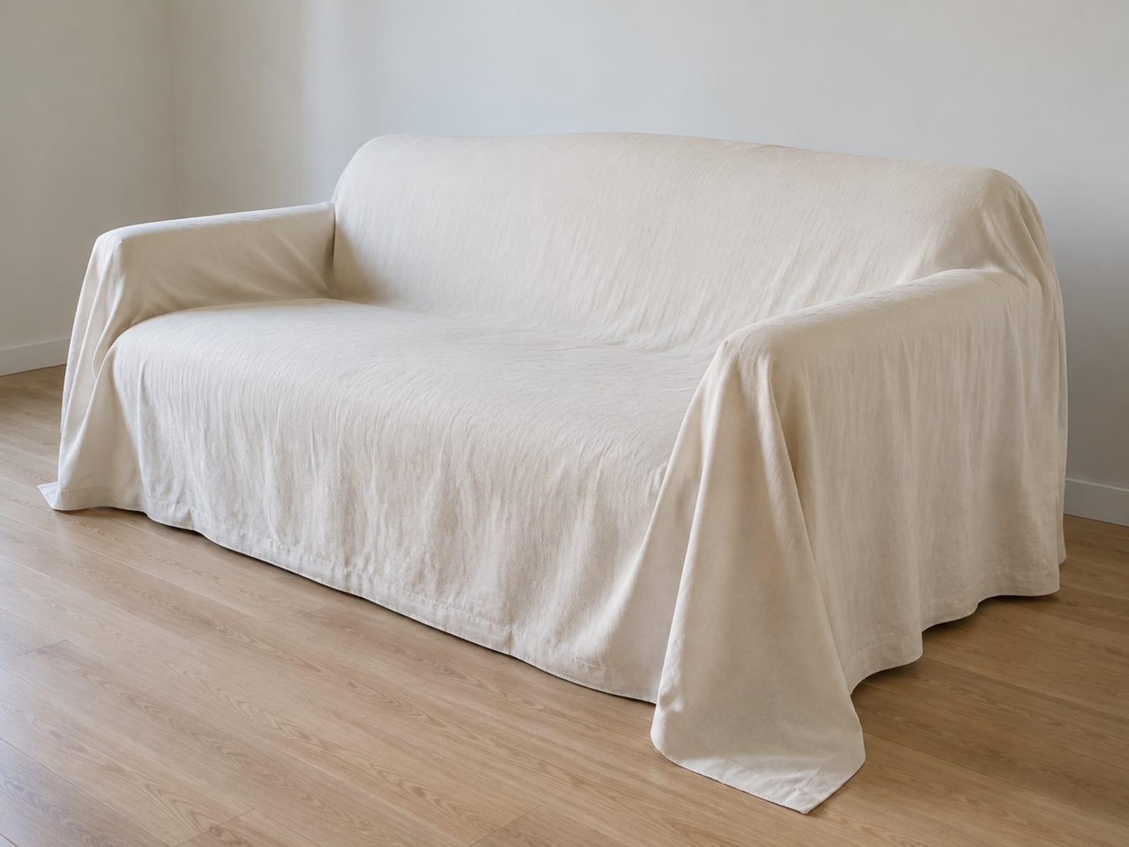 A loose slipcover draped over a whole sofa, seen at a front corner where the hem hangs free and one bottom corner falls away from the frame