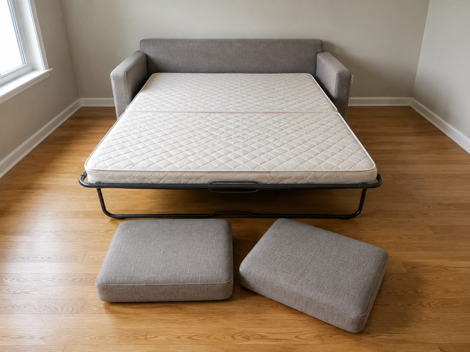 A sofa bed pulled fully open with its thin bare mattress lying flat and undressed, its seat cushions set on the floor beside the frame