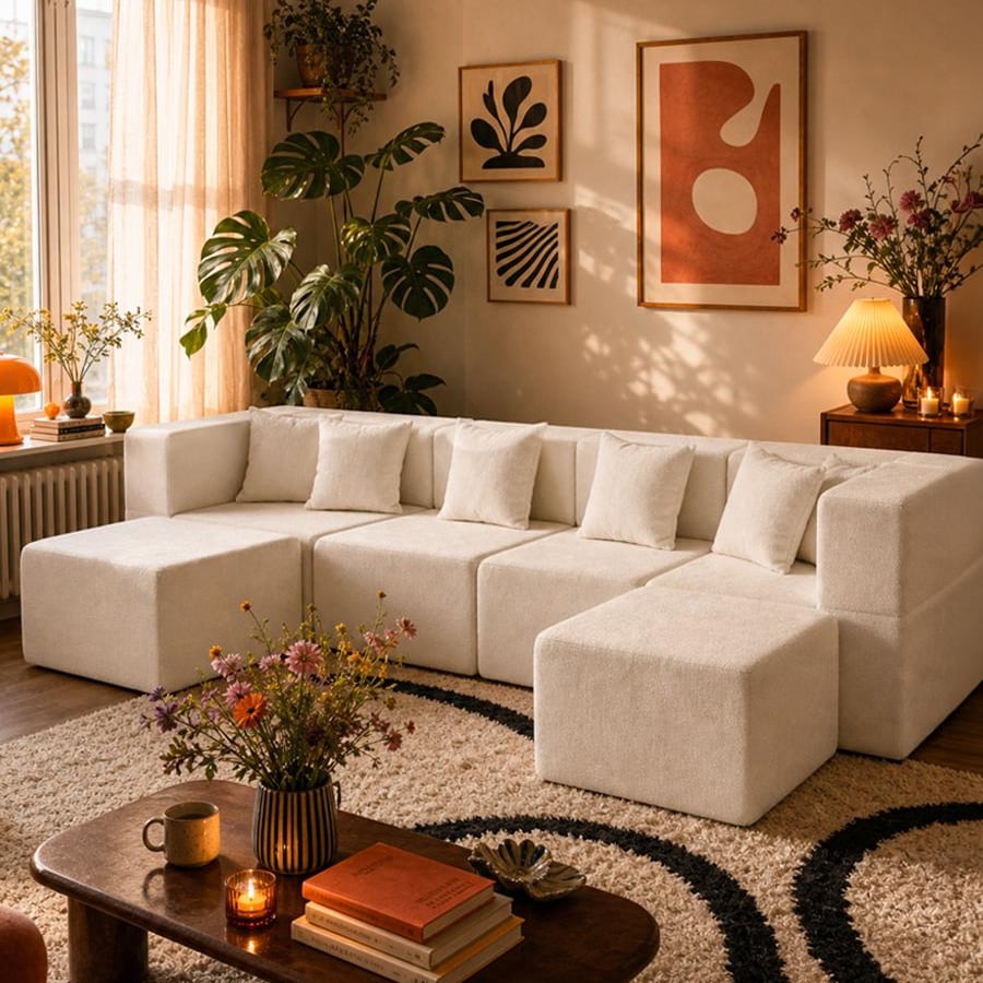 Monvane U-Shaped Modular Couch, six-seat chenille